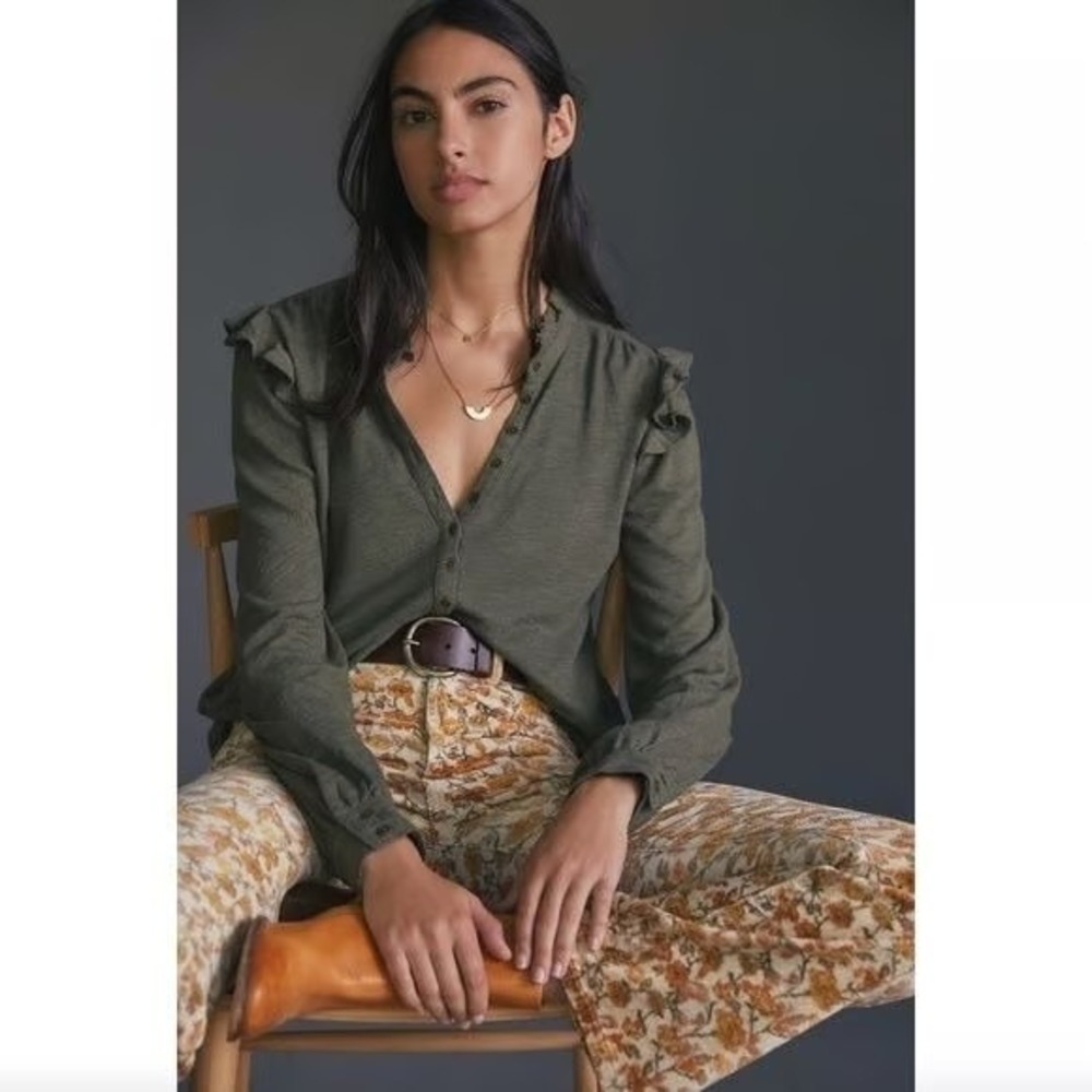 Pilcro Forest Green Ruffled Long Sleeve Top